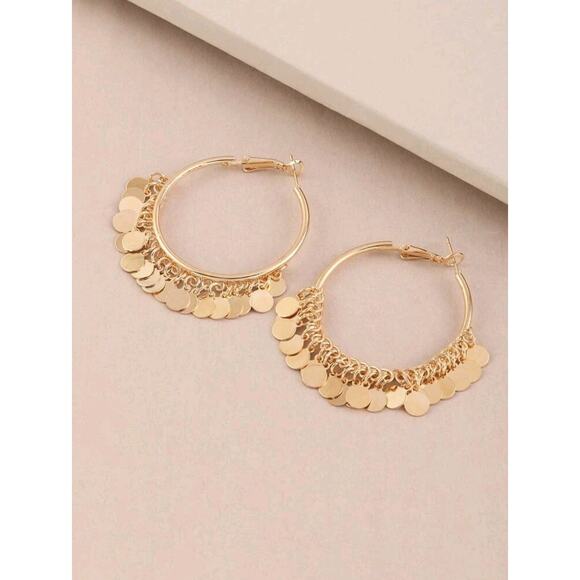 Gold Dangle Disc Hoop Earrings - Elegant and Trendy Statement Jewelry for Women - Picture 5 of 5
